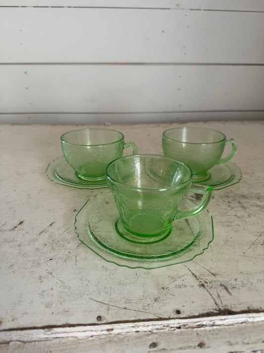 Green Florentine no. 2 Depression glass cup and saucer - each set sold seperately