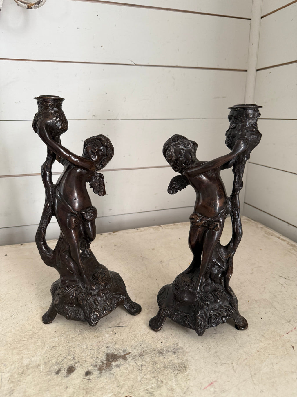 French Art Nouveau Bronze Cherubs Candle Holders Candlestick set