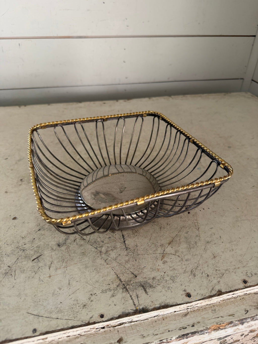 Vintage wire basket with brass trim