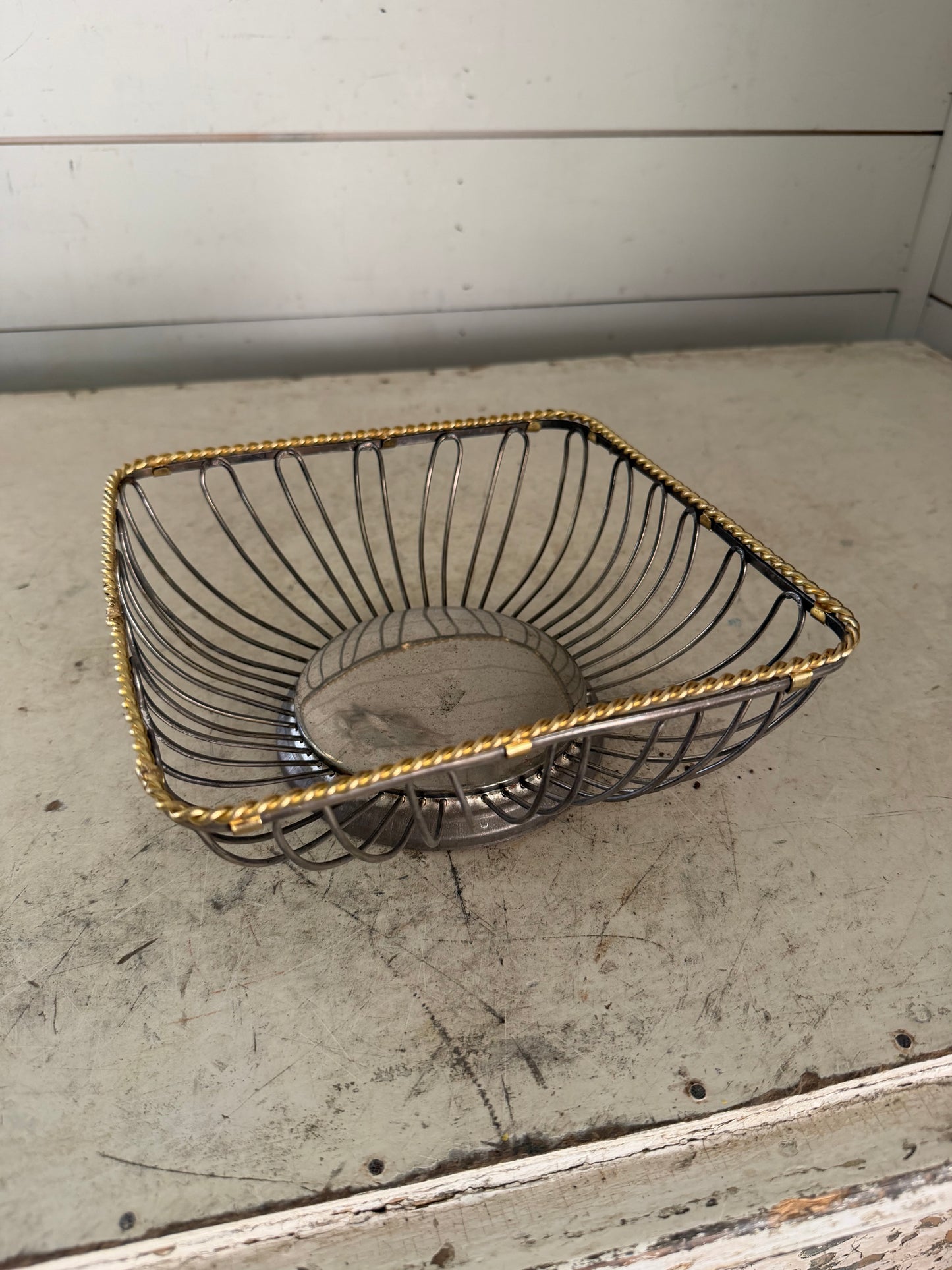Vintage wire basket with brass trim