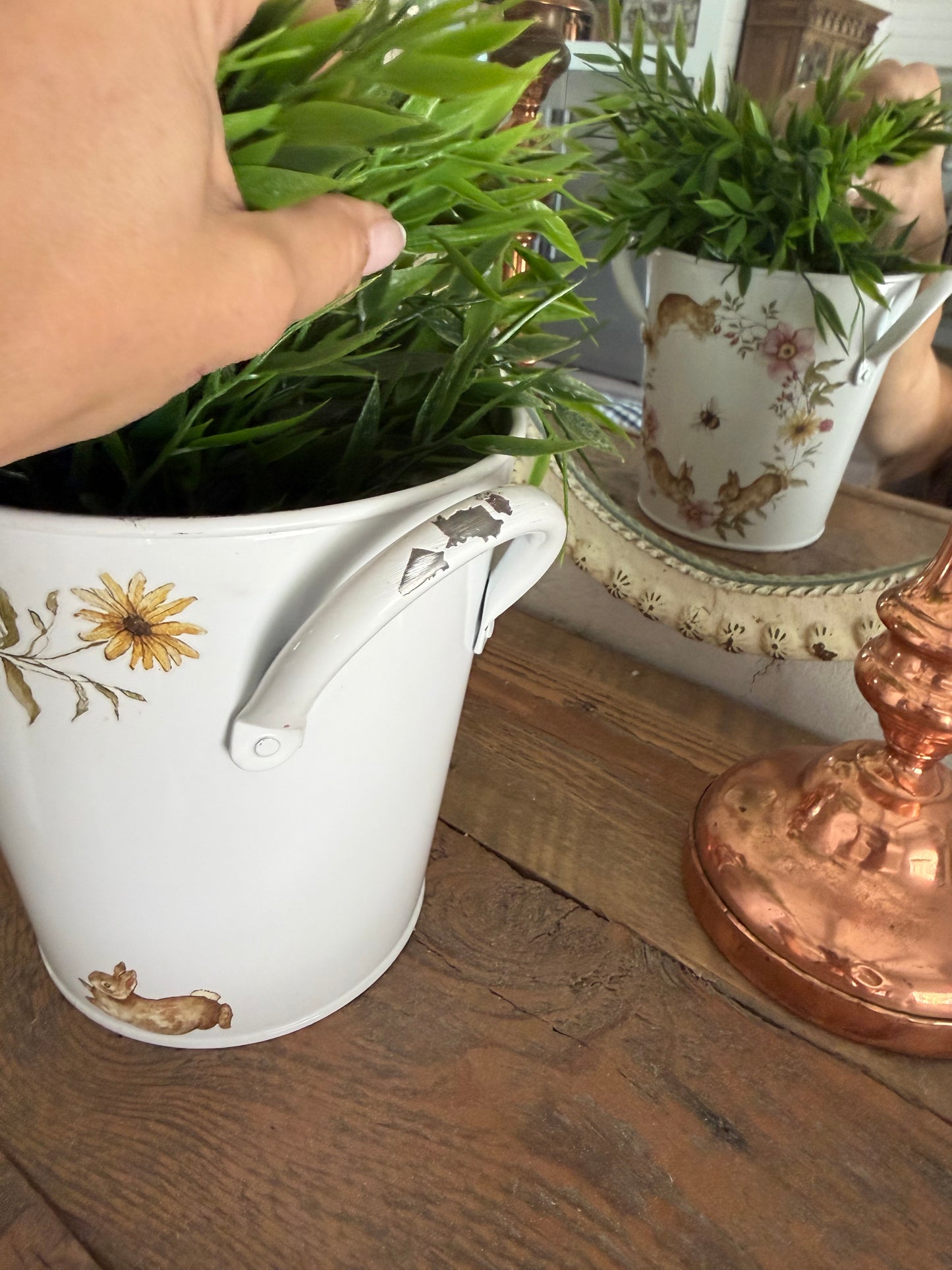 White Enamel Bunny Bucket with handles greenery not  included 6.5”