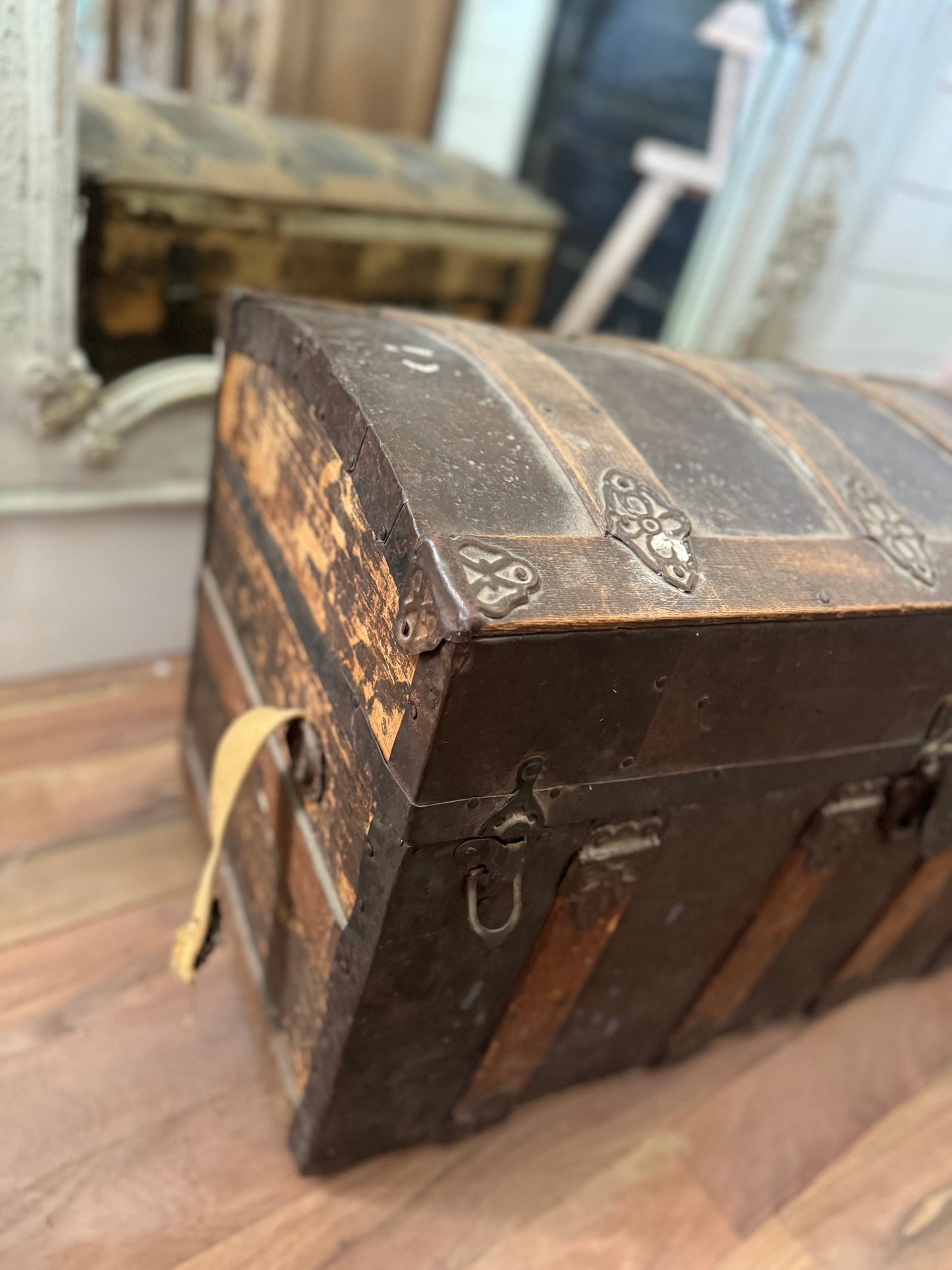 Antique Dome Top Steamer Trunk with wheels