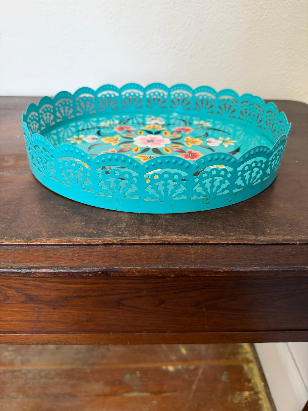 Turquoise  hand-painted floral metal tray