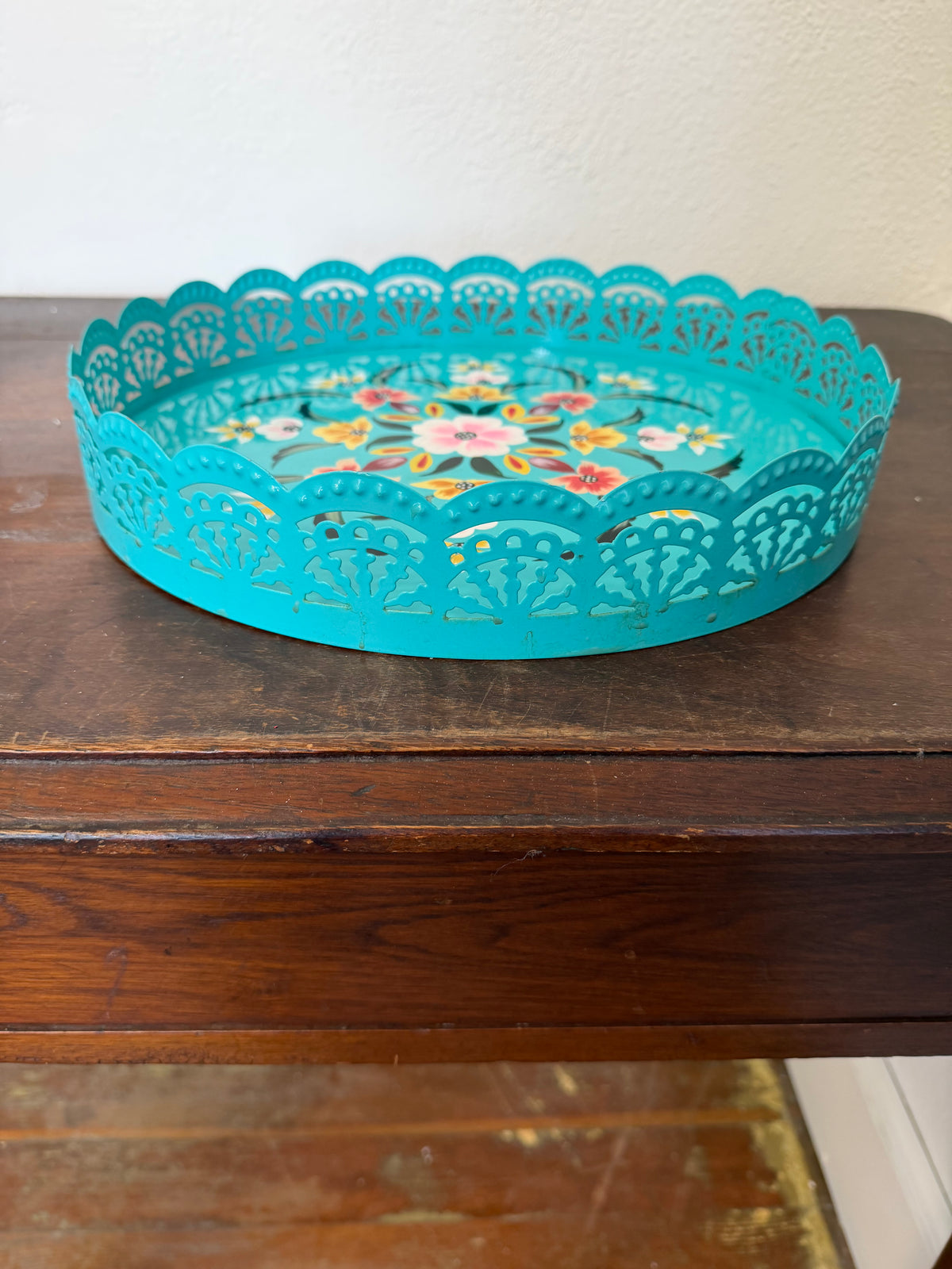 Turquoise  hand-painted floral metal tray