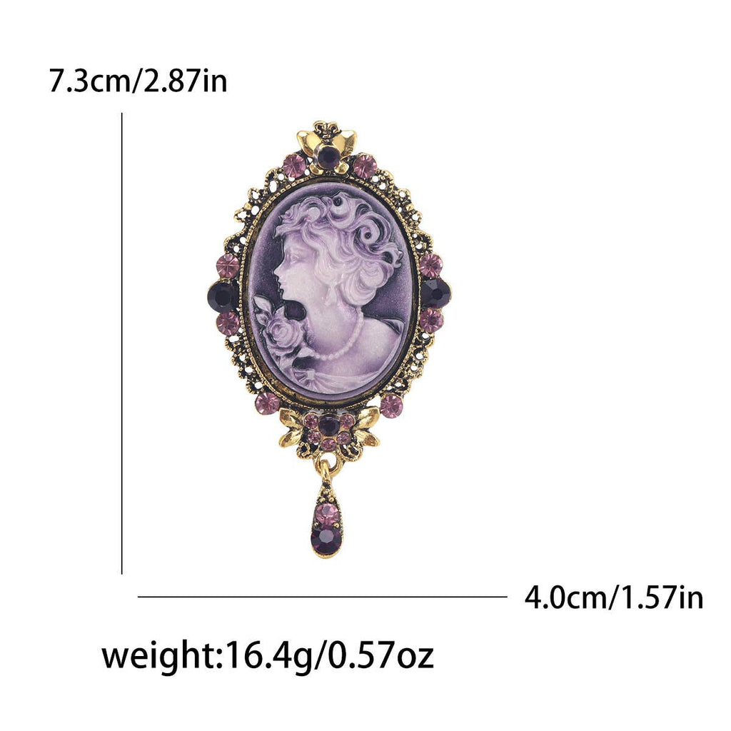 Vintage Cameo Brooch, Rhinestone Accent Drop Pendant Pin