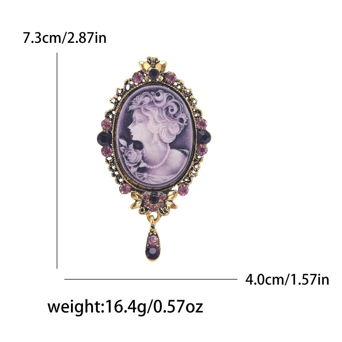 Vintage Cameo Brooch, Rhinestone Accent Drop Pendant Pin