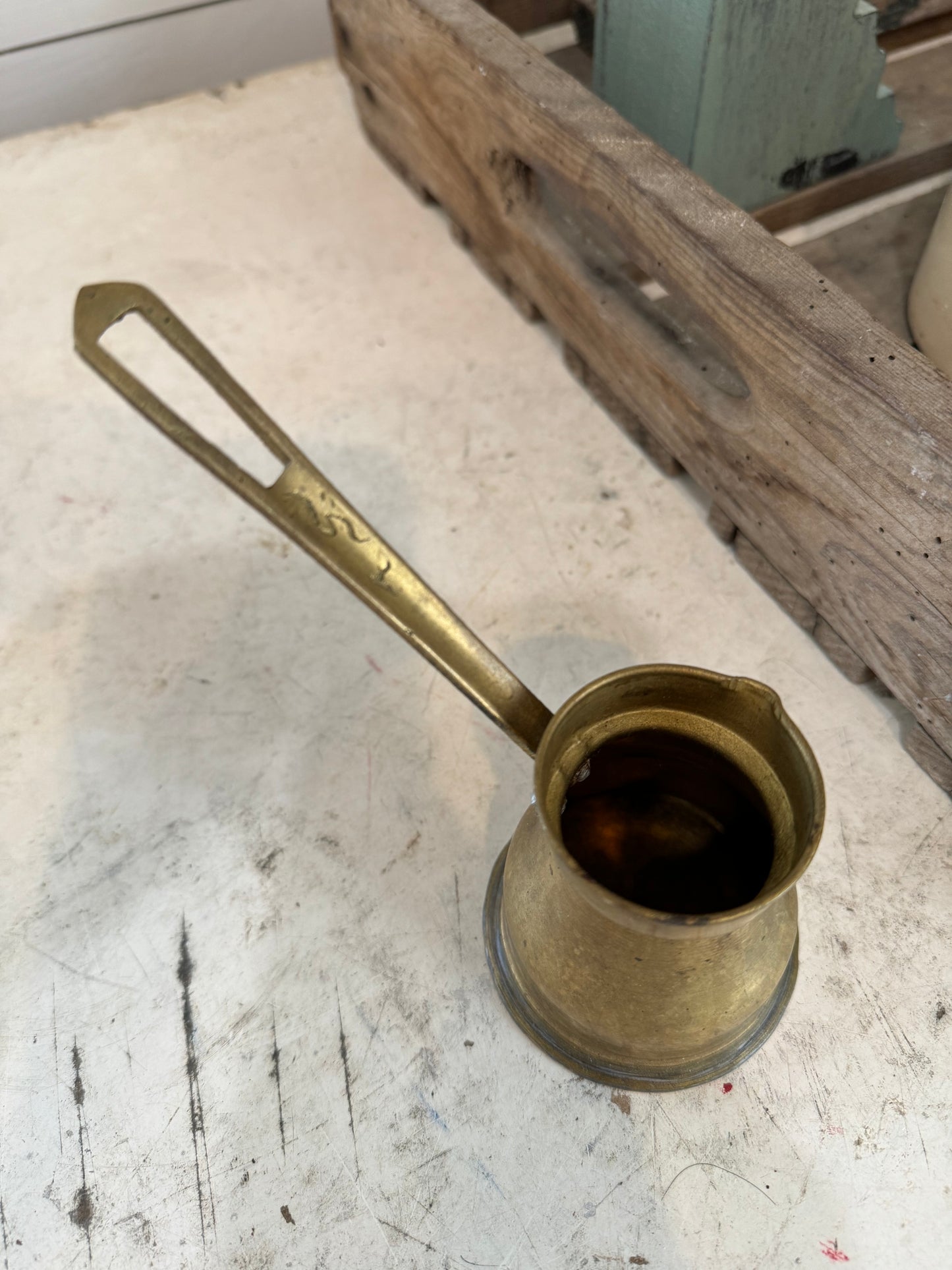Vintage Brass Turkish Coffee Pot with a Long Brass Handle - Small