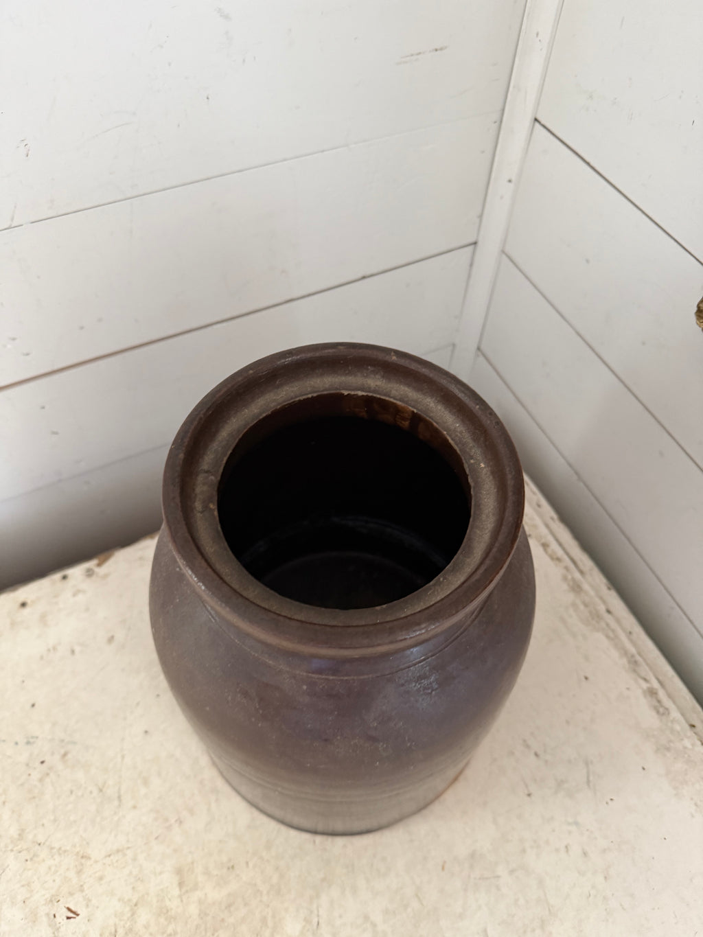 Antique brown-glazed stoneware crock