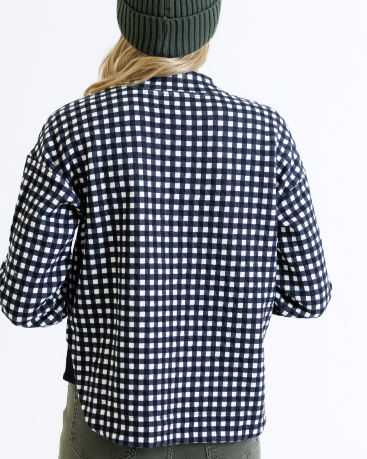 Puffy Gingham Mock Neck Half Button Long Sleeve Pullover