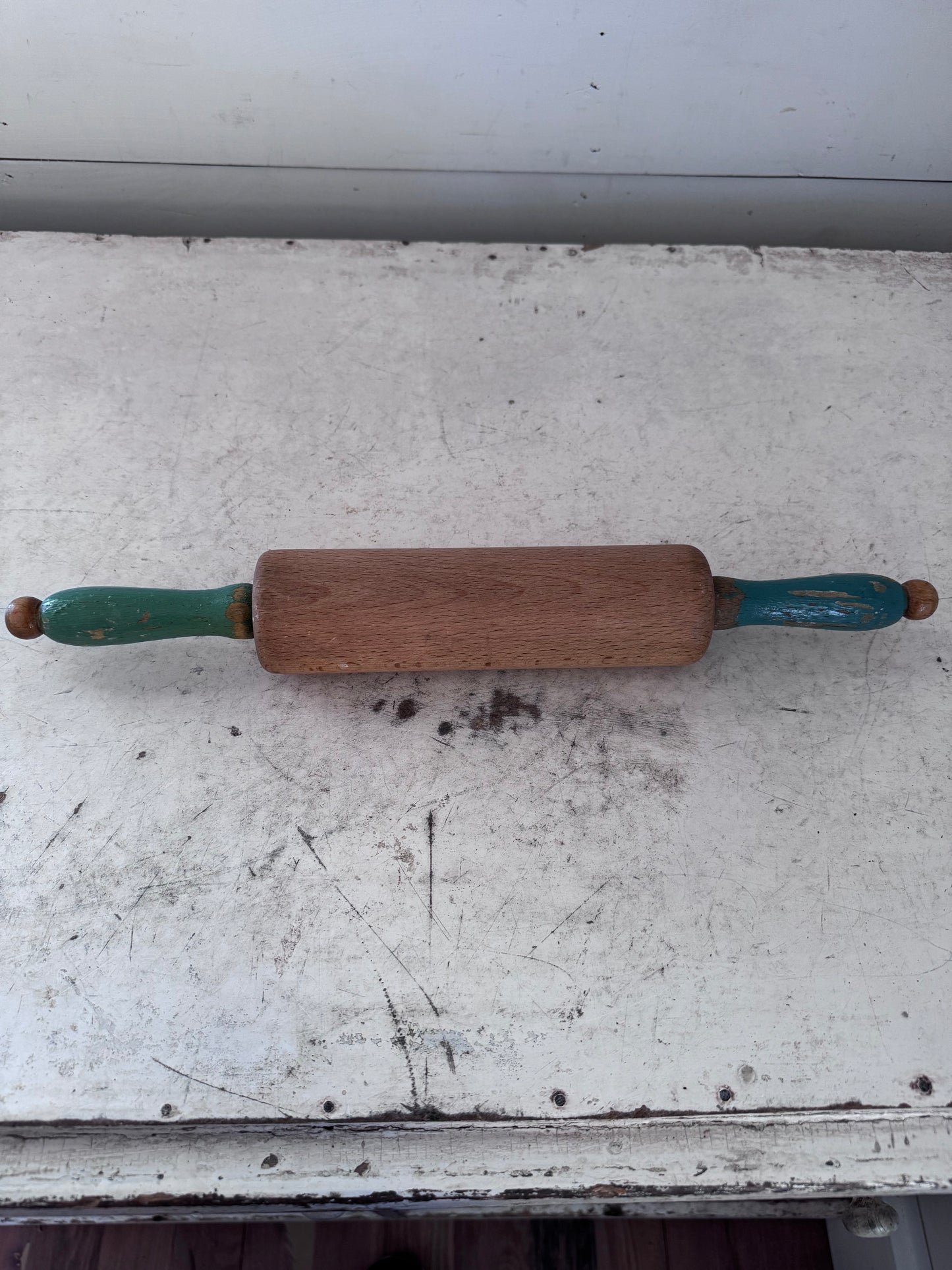 Antique Oak Rolling pin with Green Handles