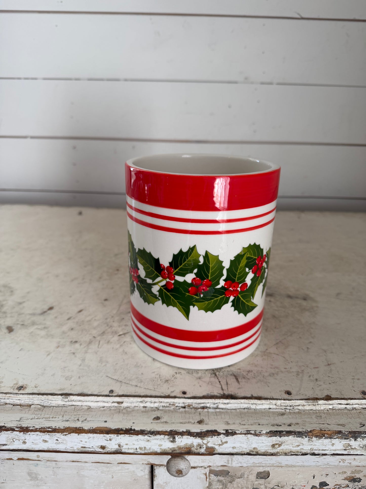 Lenox HOLIDAY Holly STONEWARE Utensil HOLDER Stripe Crock