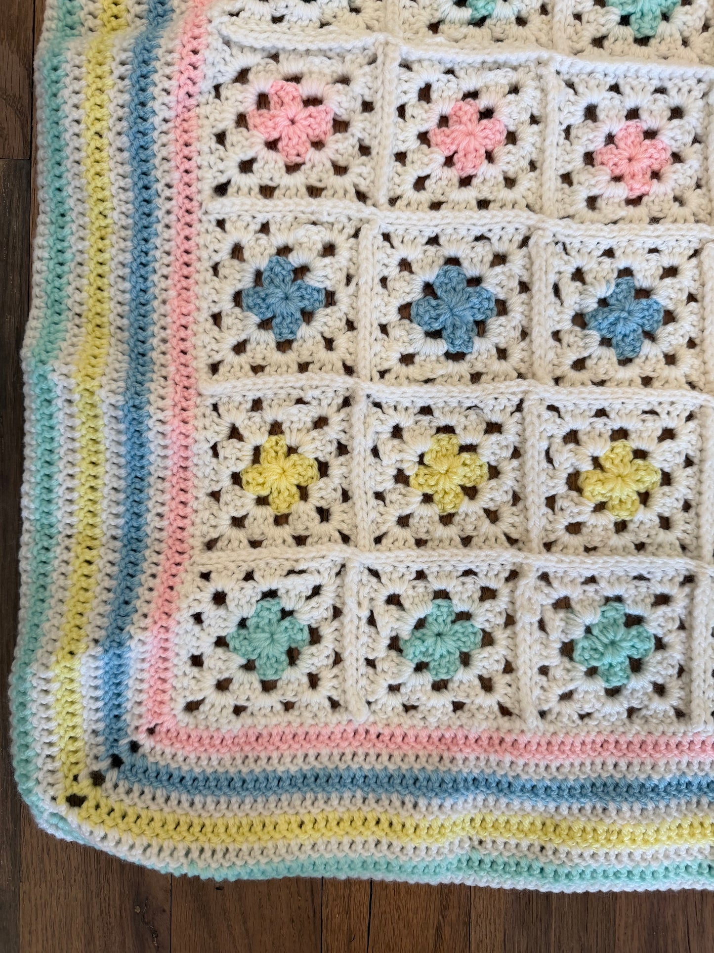 Granny Square pink, blue, teal and yellow Afghan