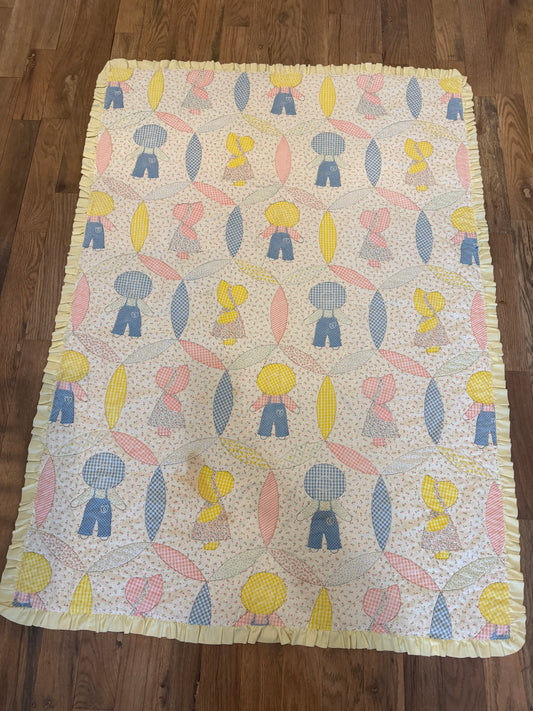 Sunbonnet Sue quilt - toddler bed size - light stain, staining as shown