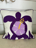 Hawaiian-style quilted throw pillow cover featuring a bold purple sea turtle