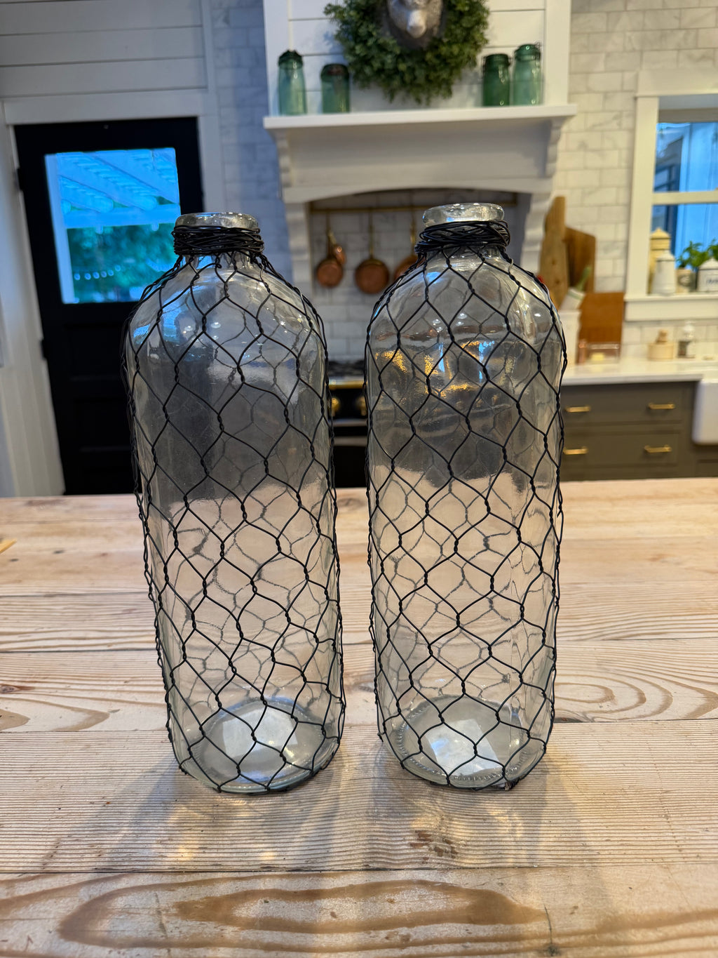 Bottle Farmhouse Style Vase With Chicken Wire Room Decor H 16.5" SOLD INDIVIDUALLY
