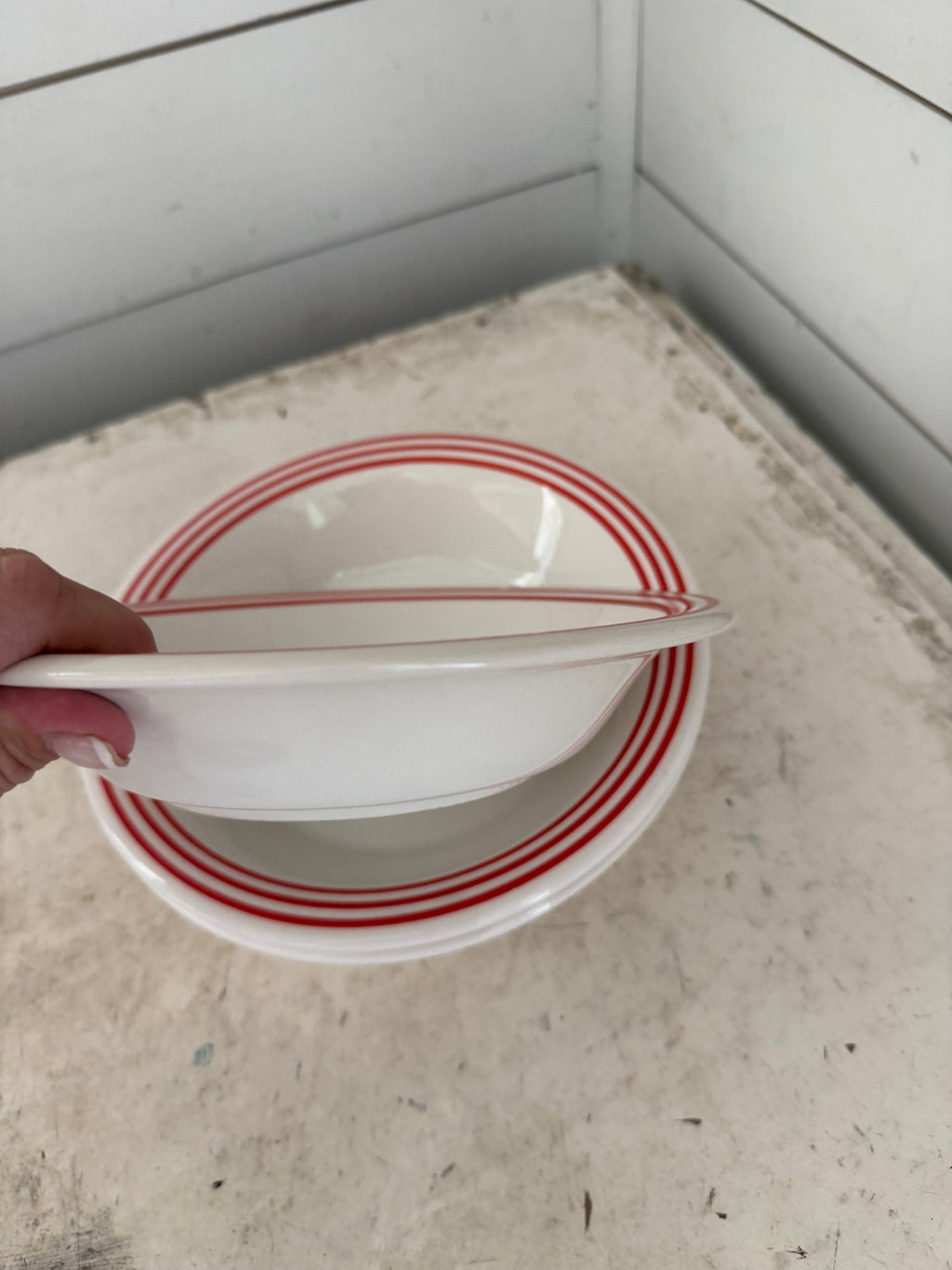 Stoneware bowl with red stripes sold individually