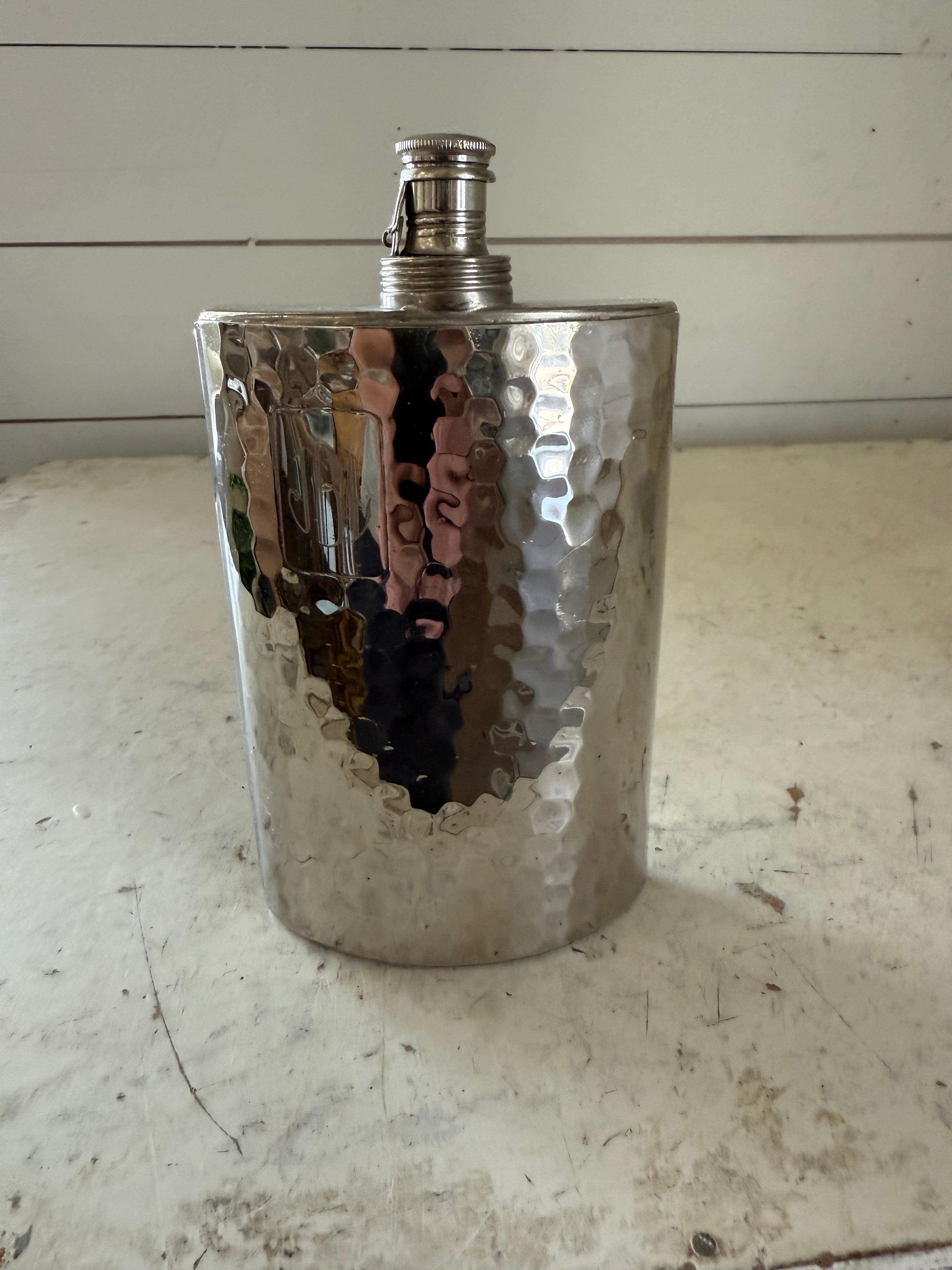 Vintage Hammered Metal Flask Curved Decanter 10 oz Tin Lined W Germany