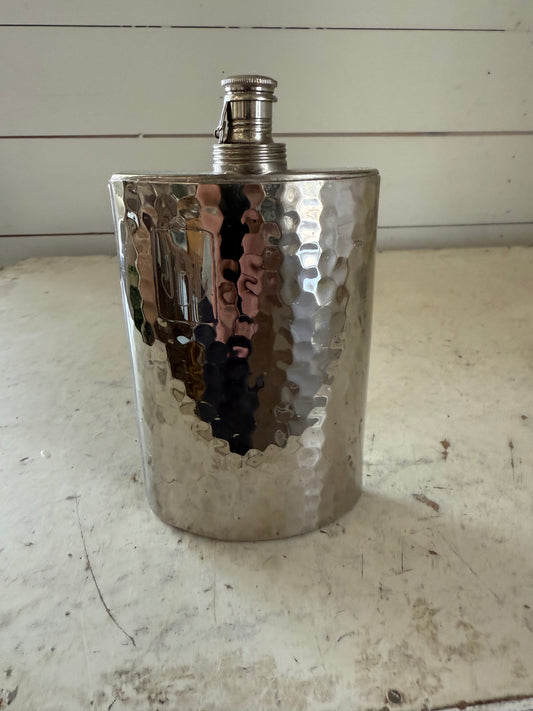 Vintage Hammered Metal Flask Curved Decanter 10 oz Tin Lined W Germany