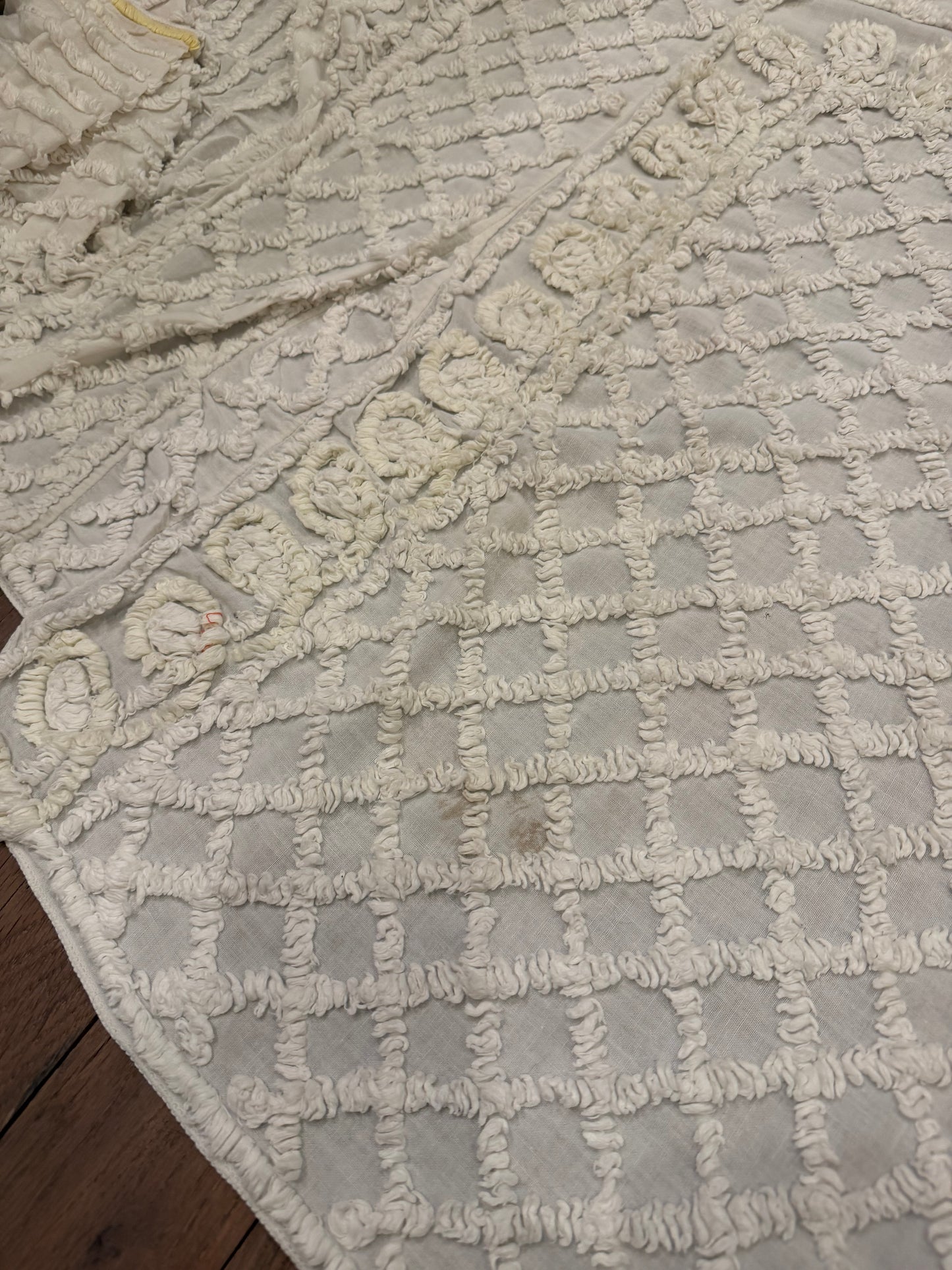 Vintage Queen Chenille Beadspread has light stains and wear as shown