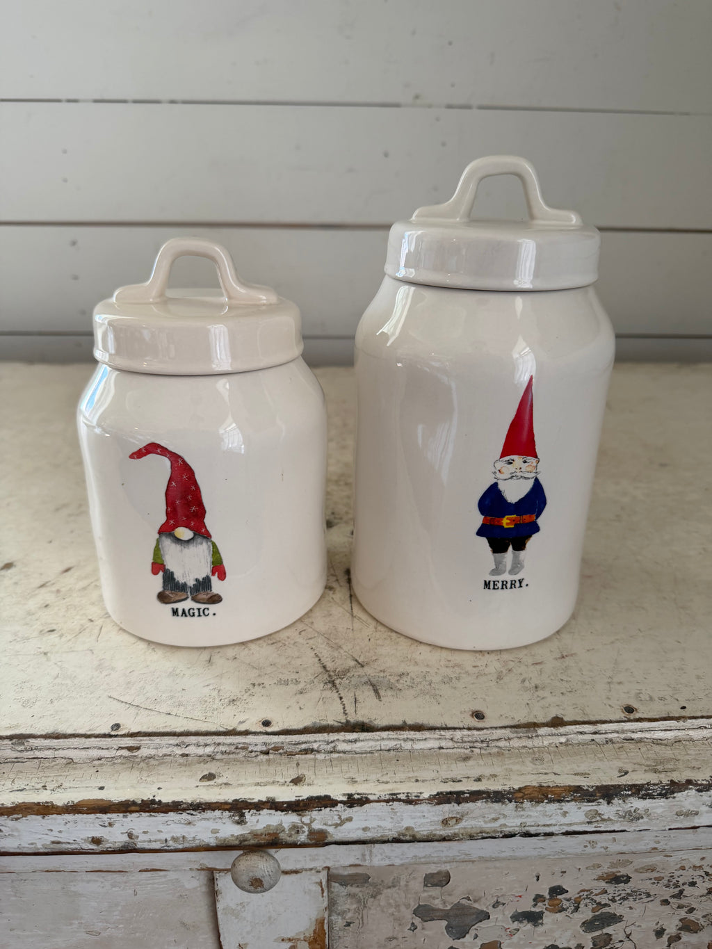 Rae Dunn Elf Gnome “Magic And Merry” Canisters Sold as Set