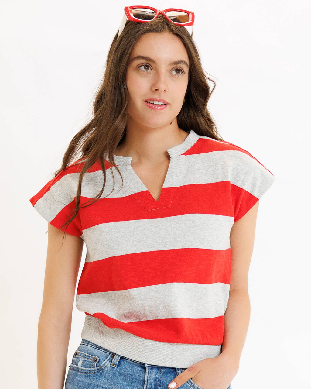 Grey and Red Striped Short Sleeve V-neck Contemporary Crew