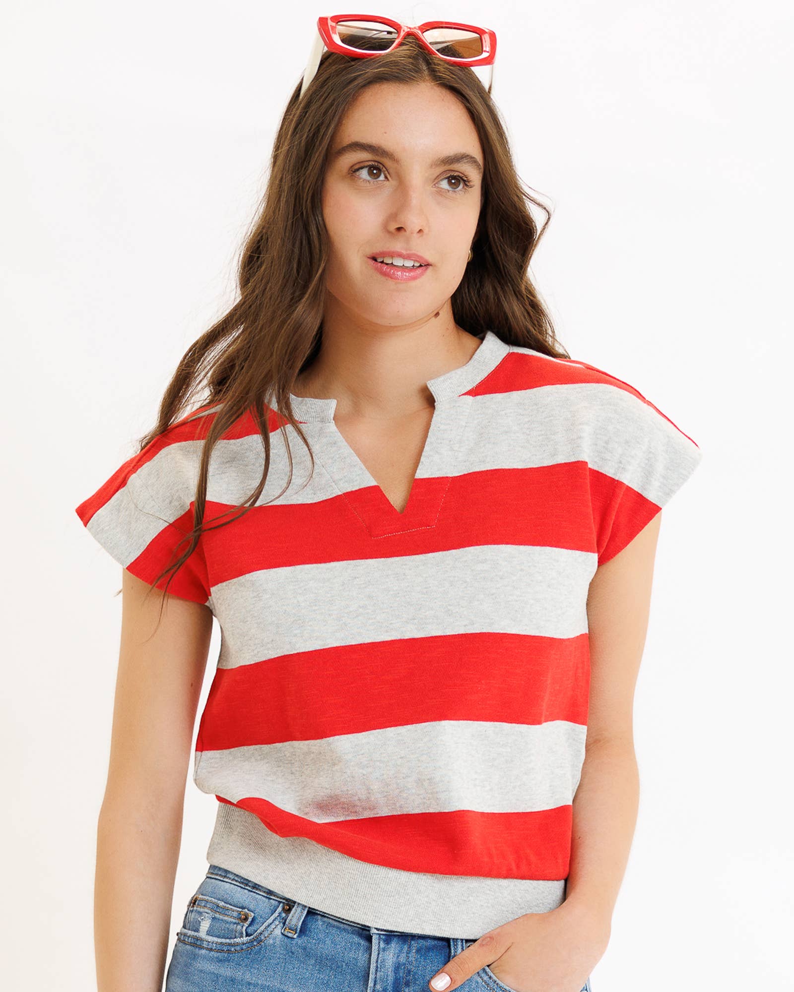 Grey and Red Striped Short Sleeve V-neck Contemporary Crew