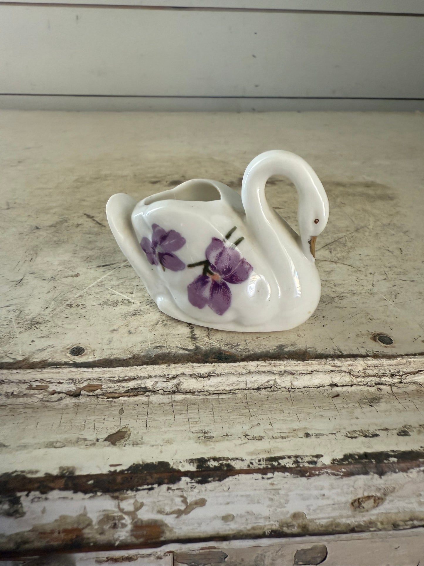 2” High Porcelain Toothpick Holder Swan Violet Flowers