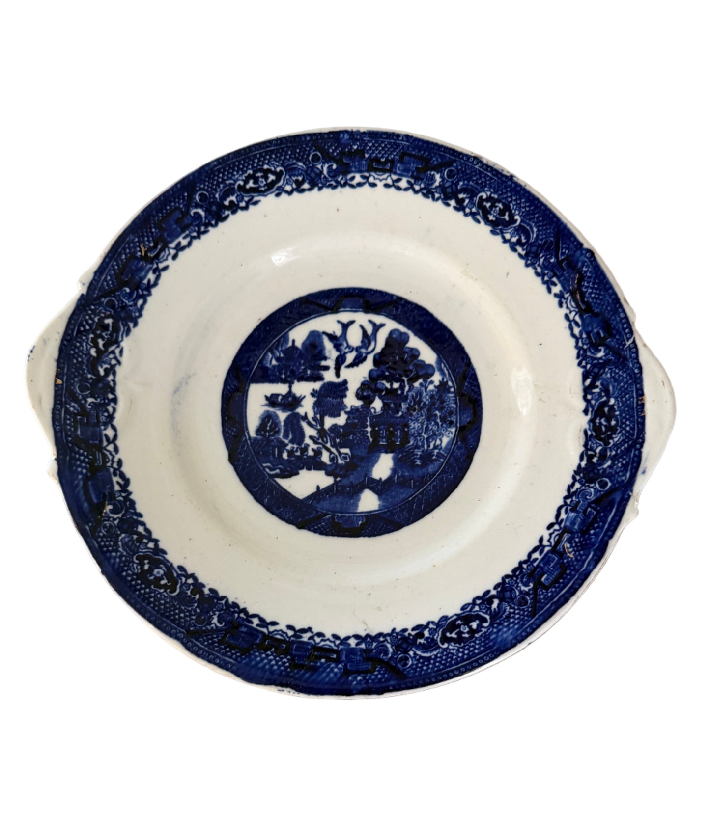 Antique Ironstone Flow Blue Blue White Willow Blue Pattern Plate has been repaired