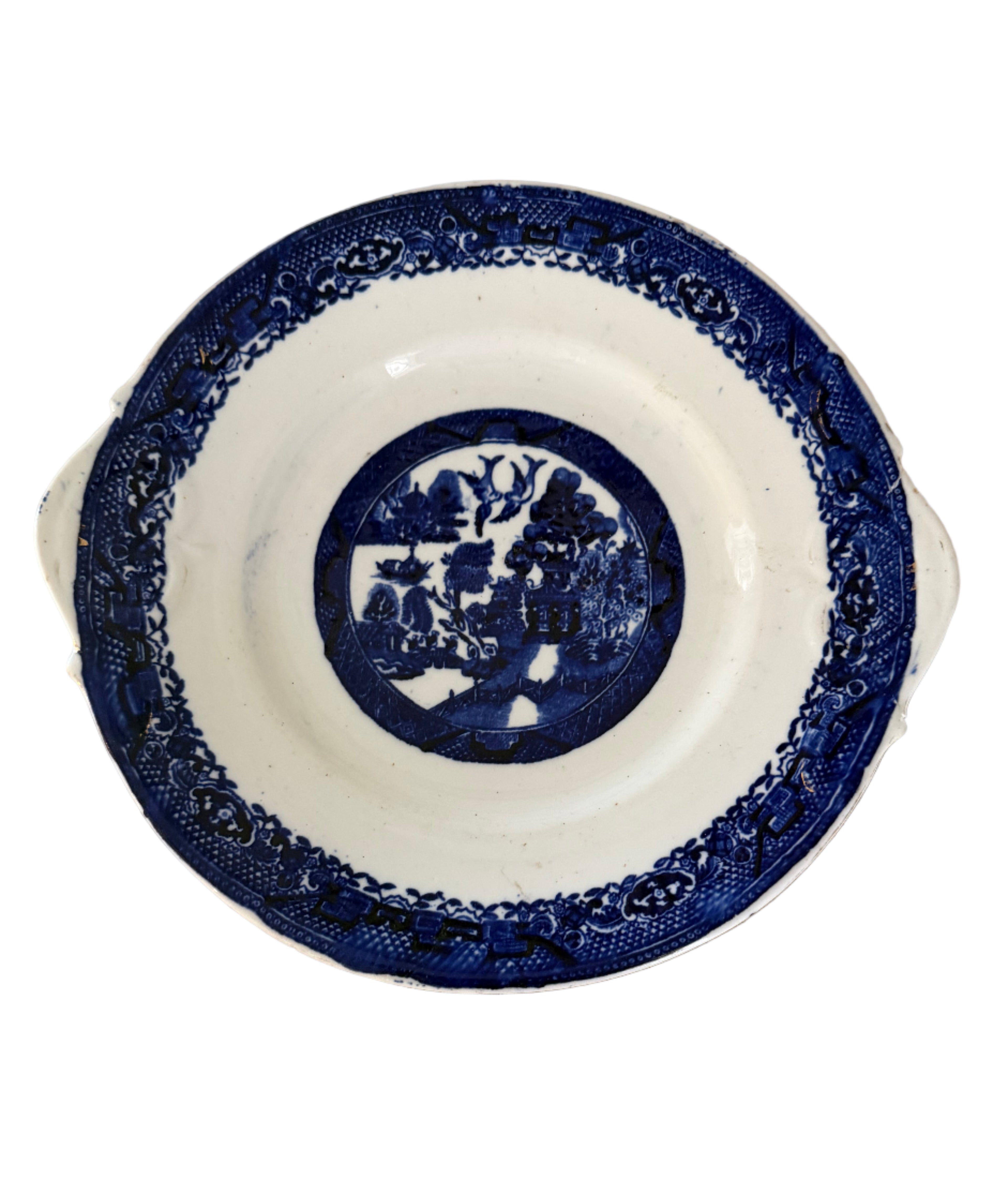 Antique Ironstone Flow Blue Blue White Willow Blue Pattern Plate has been repaired