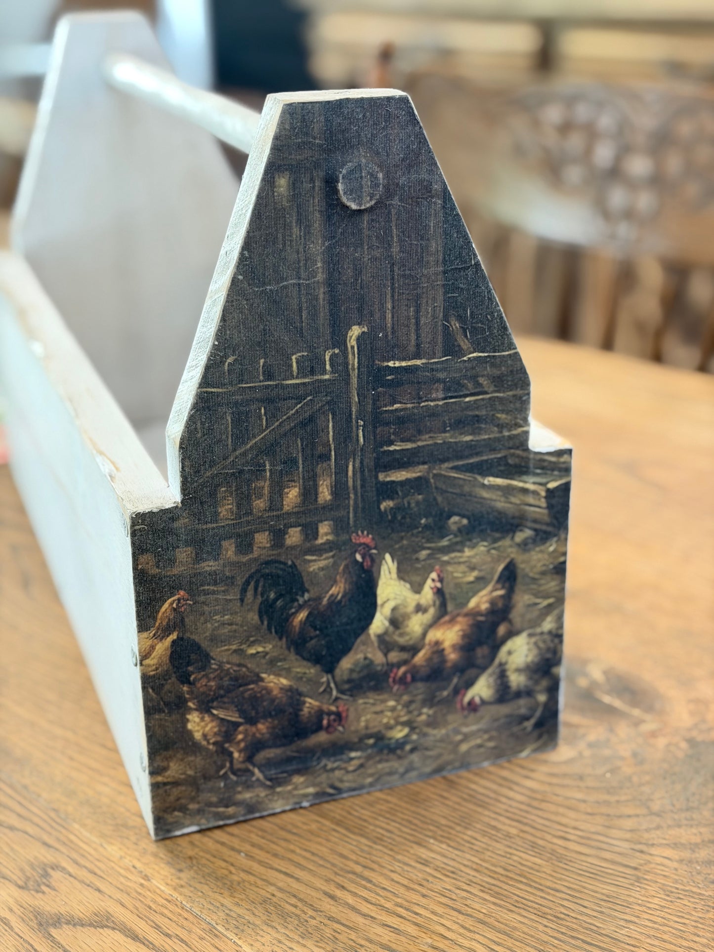 Hand Painted Sheeo and Chicken Handmade Wood Tote 16.5” long