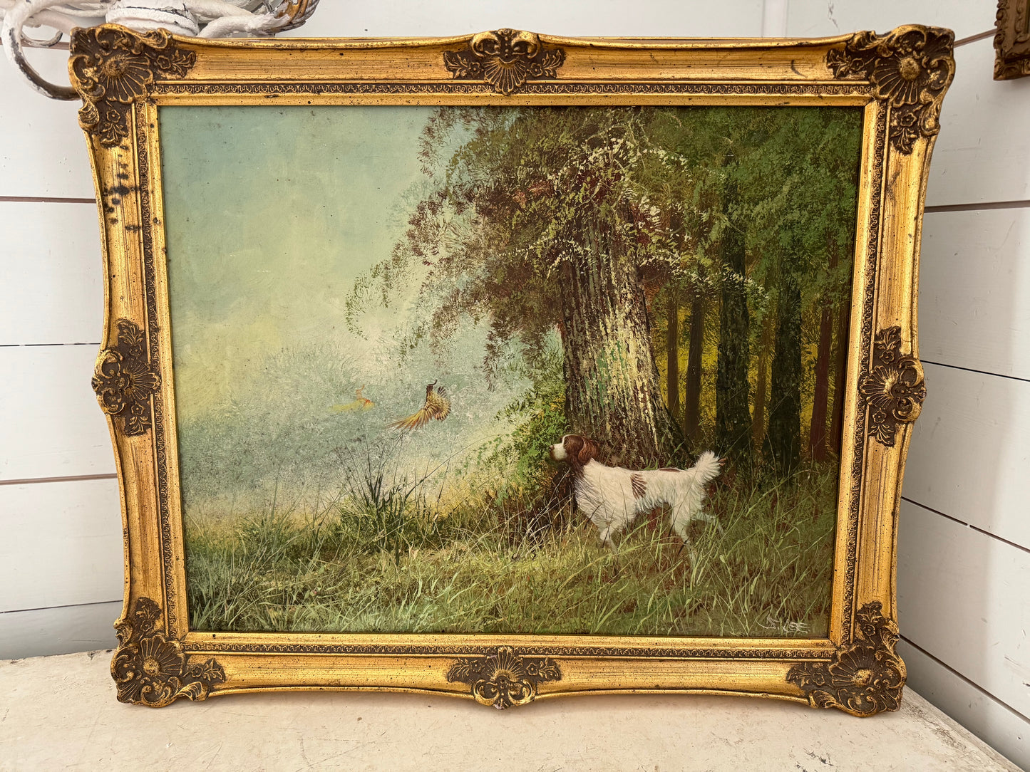 Pointer Dog & Pheasants Amazing Detail Original Framed Oil On Canvas by S. Lee 16x20 with frame