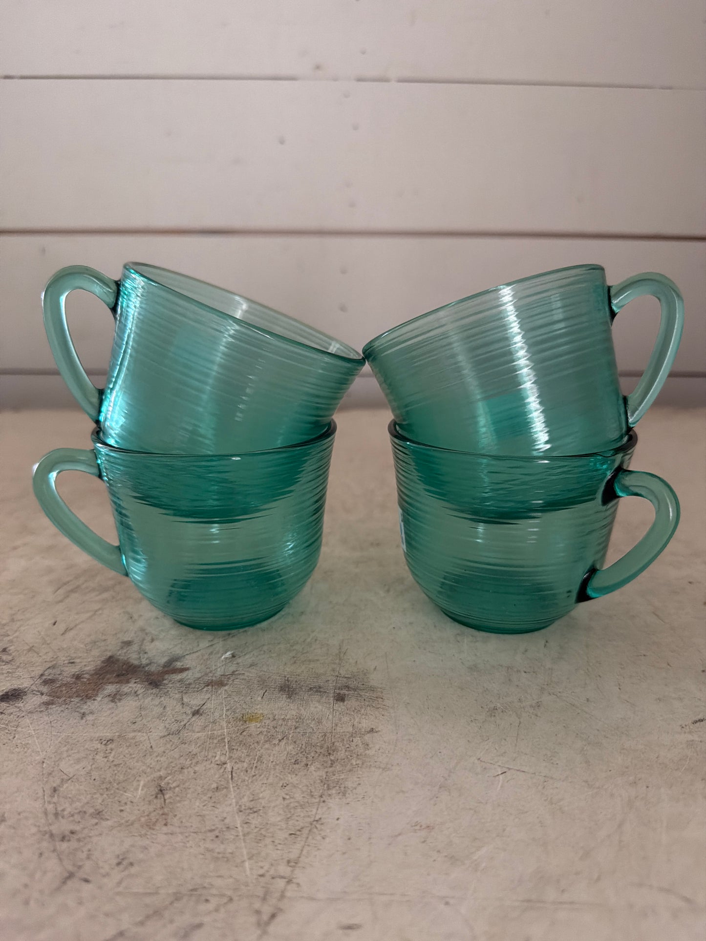 Set of 4 Tea Cups Arcoroc France Jardiniere Pattern Teal Turquoise Blue Ring