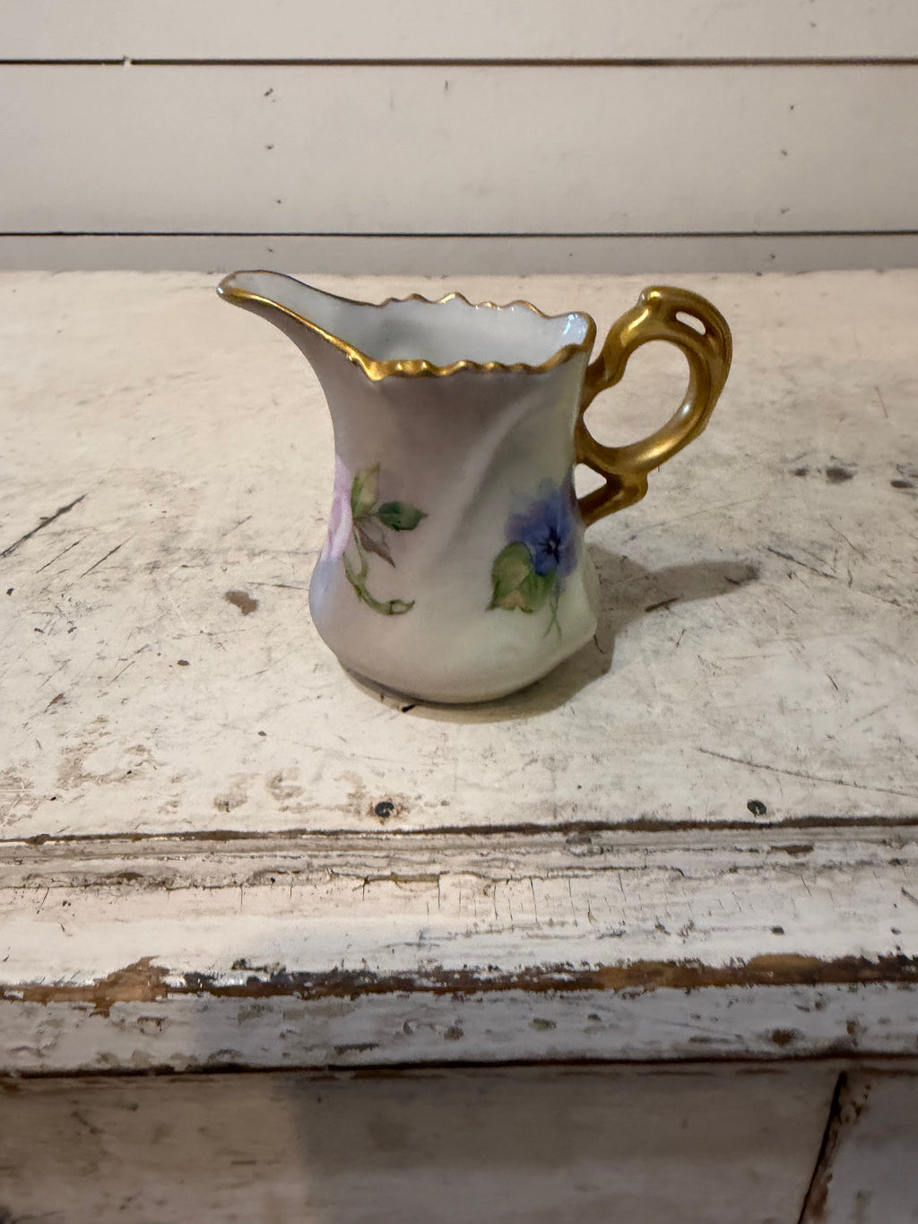 Hand Painted Floral Porcelain Creamer With Gold Handle