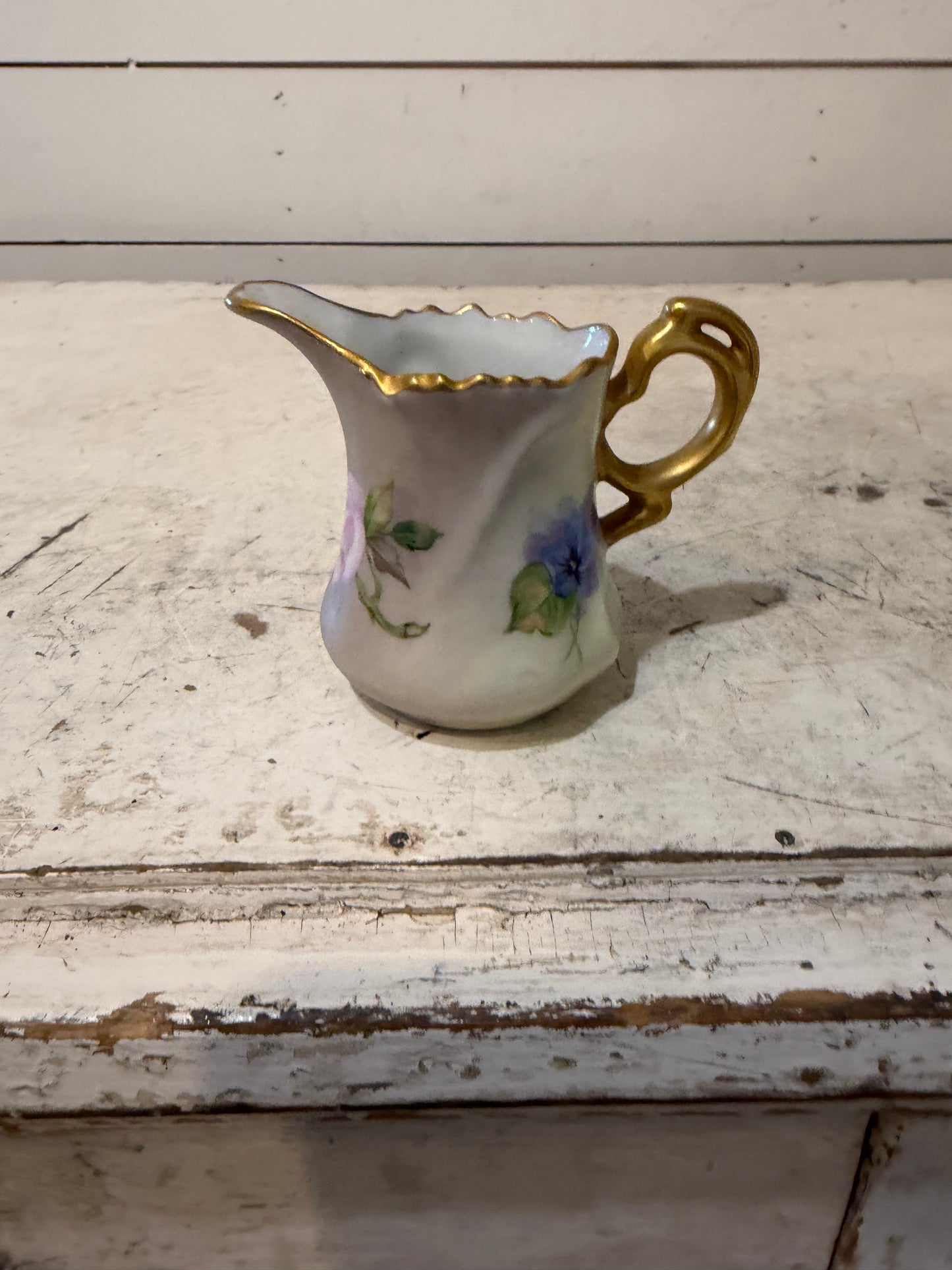 Hand Painted Floral Porcelain Creamer With Gold Handle