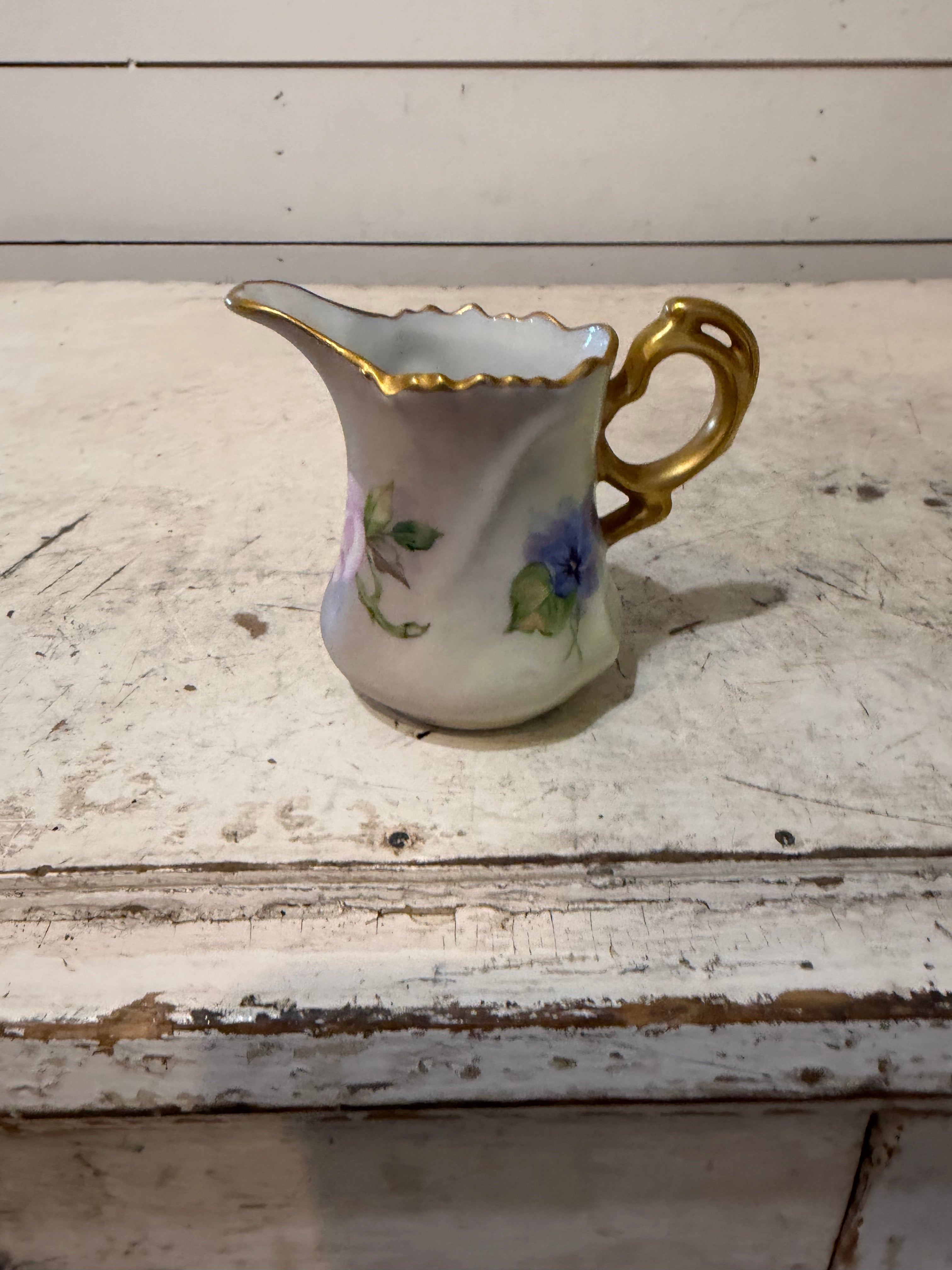 Hand Painted Floral Porcelain Creamer With Gold Handle