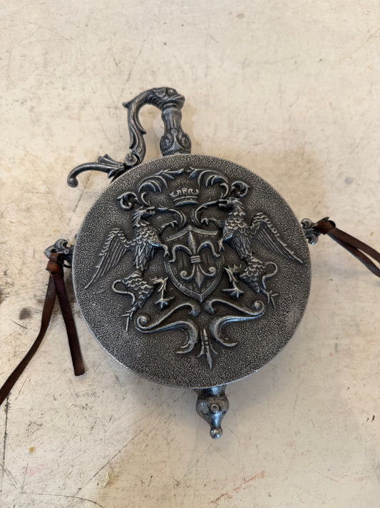 Vintage Medieval Gunpowder Flask – Heraldic Knight & Eagle Motifs – Historical Decor and Collectible