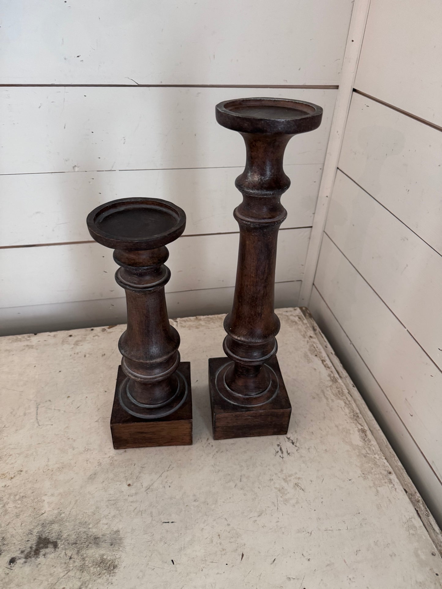 Pair of Wooden Pillar Candlesticks tall and Medium size