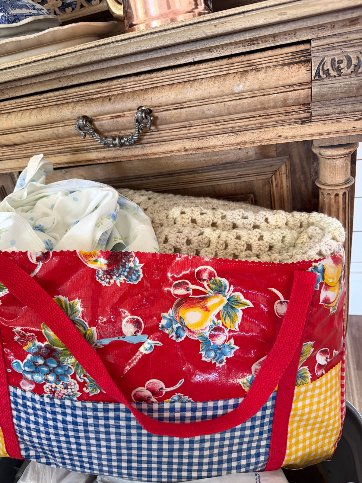 Oversized oil cloth multicolor bag - holds a ton blankets not included
