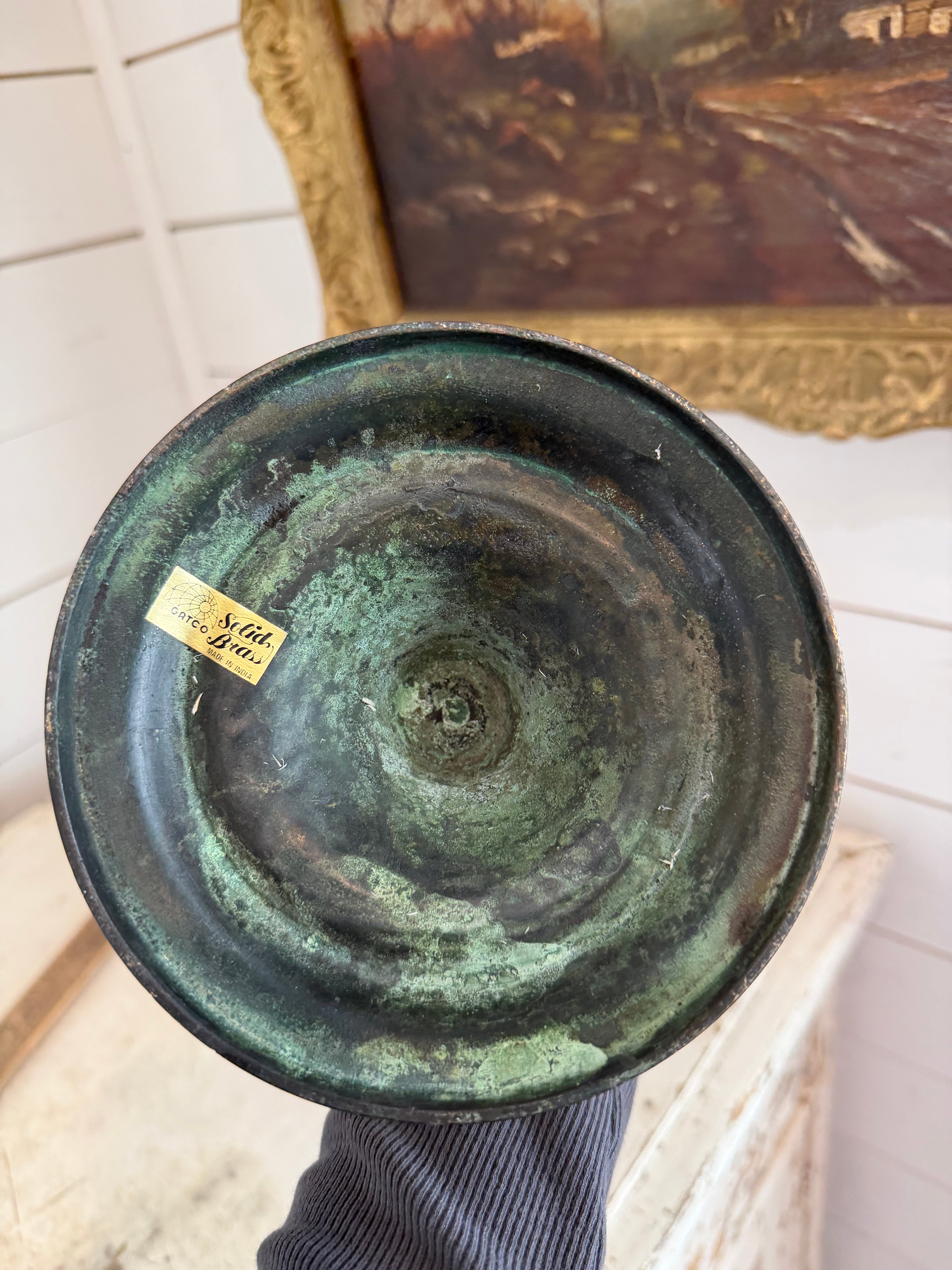 Black solid brass candlestick with patina with globe holder