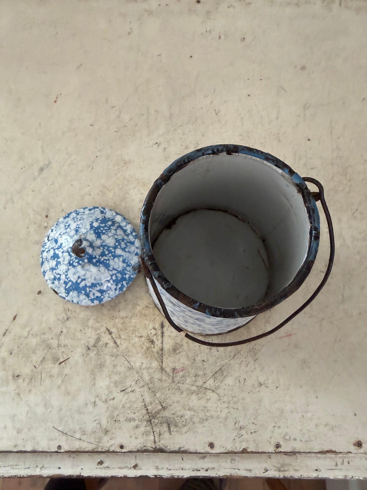 Vintage French Enamel Milk Pail - Antique Enamel Milk Canister - French Graniteware