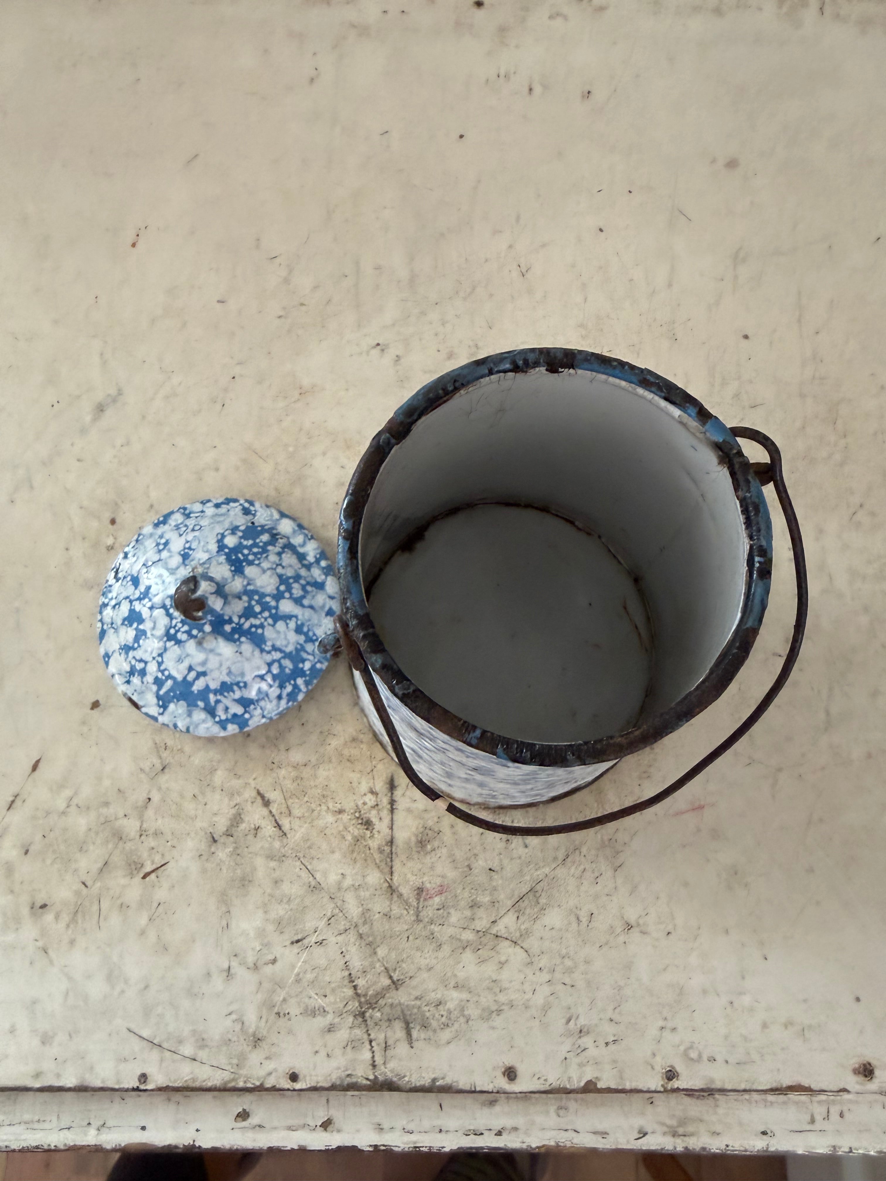Vintage French Enamel Milk Pail - Antique Enamel Milk Canister - French Graniteware