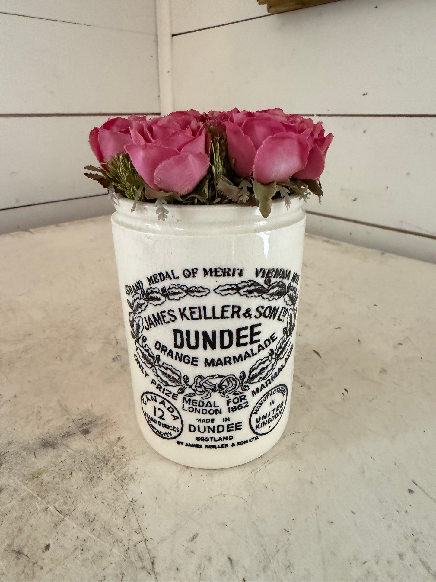 James Keiller Marmalade Jar ~ Vintage Dundee Orange Marmalade Crock Jar ~ James Keiller Son ~ England ~ Canada Stamp ~ Advertisement Jar floral included