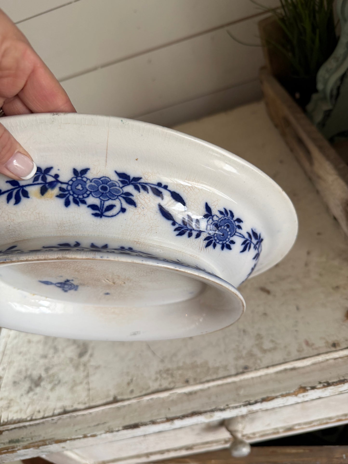 Flow Blue Serving Dish blue and white antique vegetable bowl footed serving dish ironstone china transferware classic English