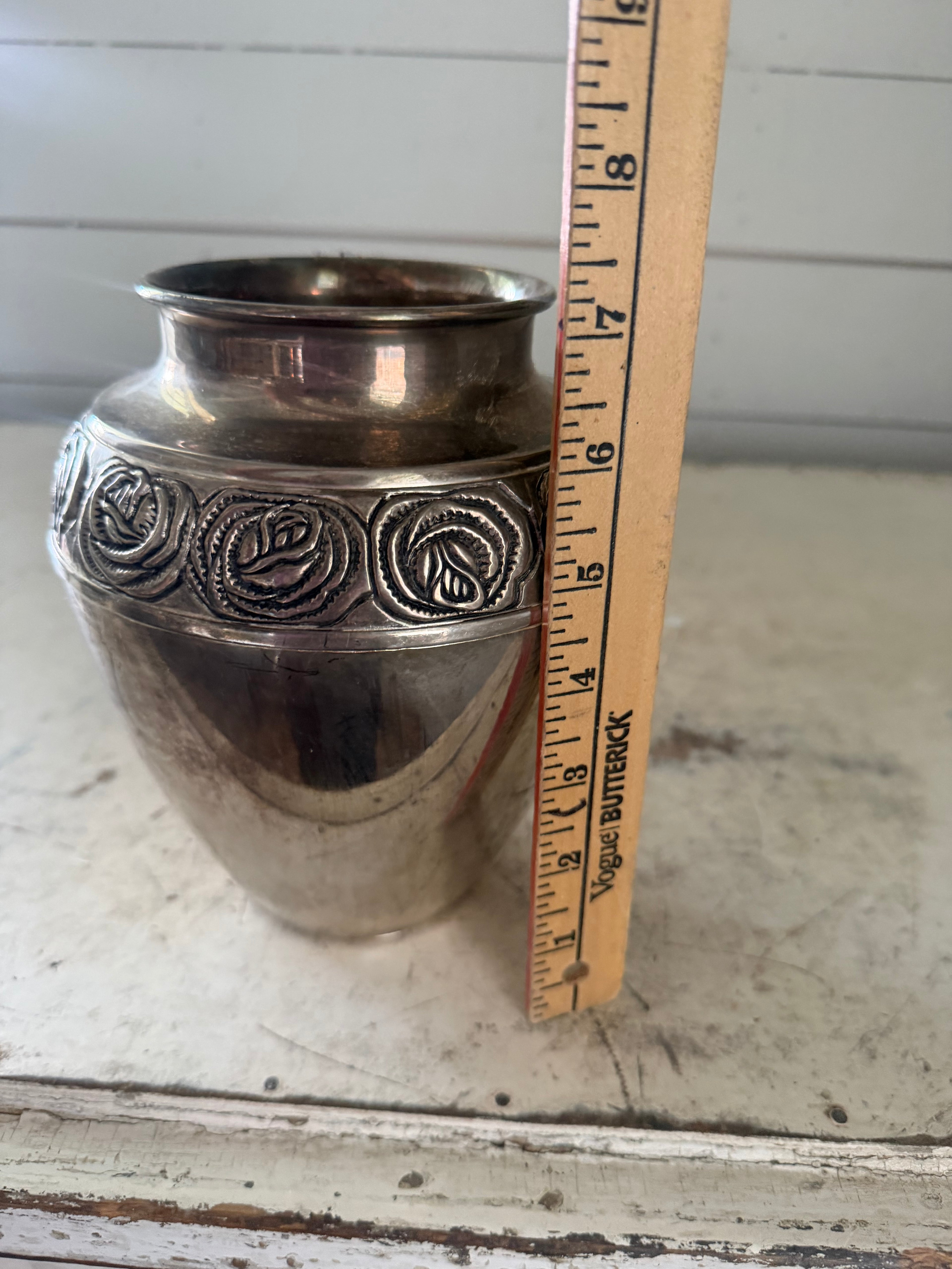 Vintage Silver Plated Heavy Floral Ornate Vase 7.25 inch