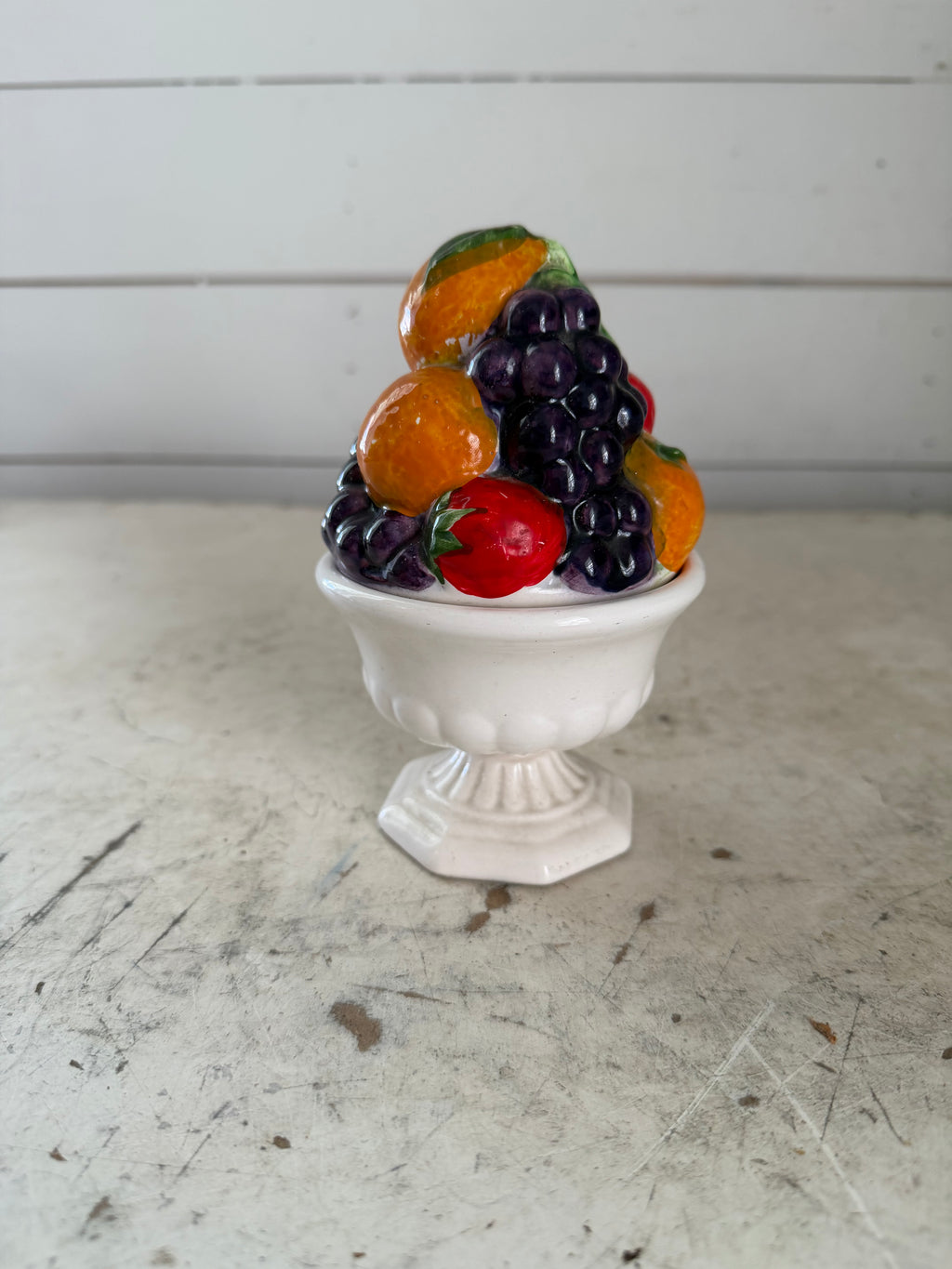 Vintage Ceramic Pedestal Bowl With Fruit Basket Lit