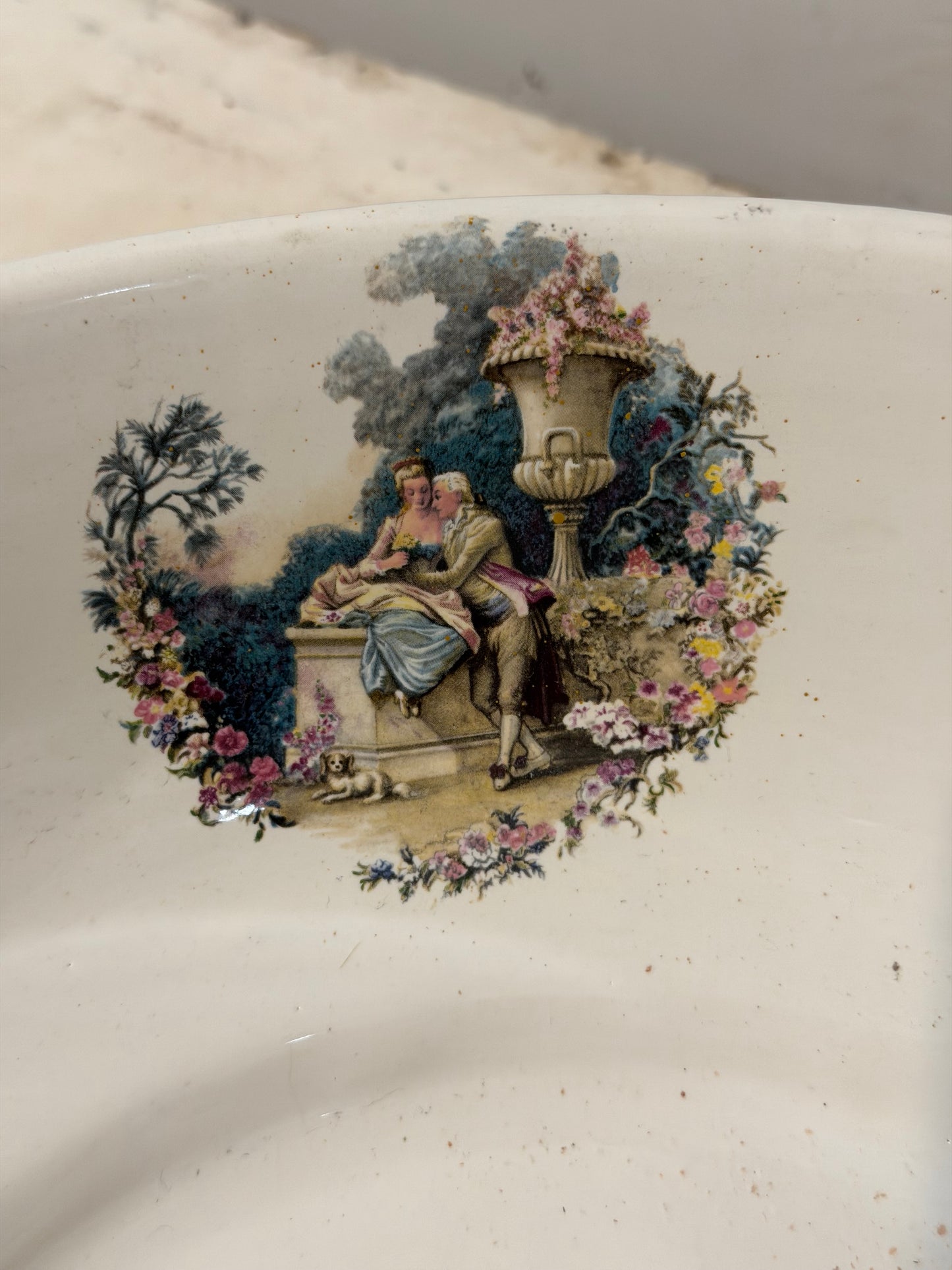 Vintage Porcelain Wash Basin With Victorian Scenes