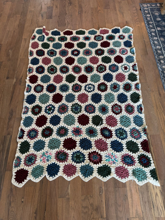 Vintage Teal, Pink and White Hexagon Afghan