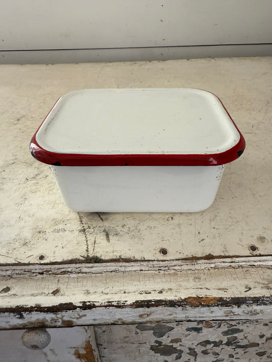 Red and white enamel Tin container