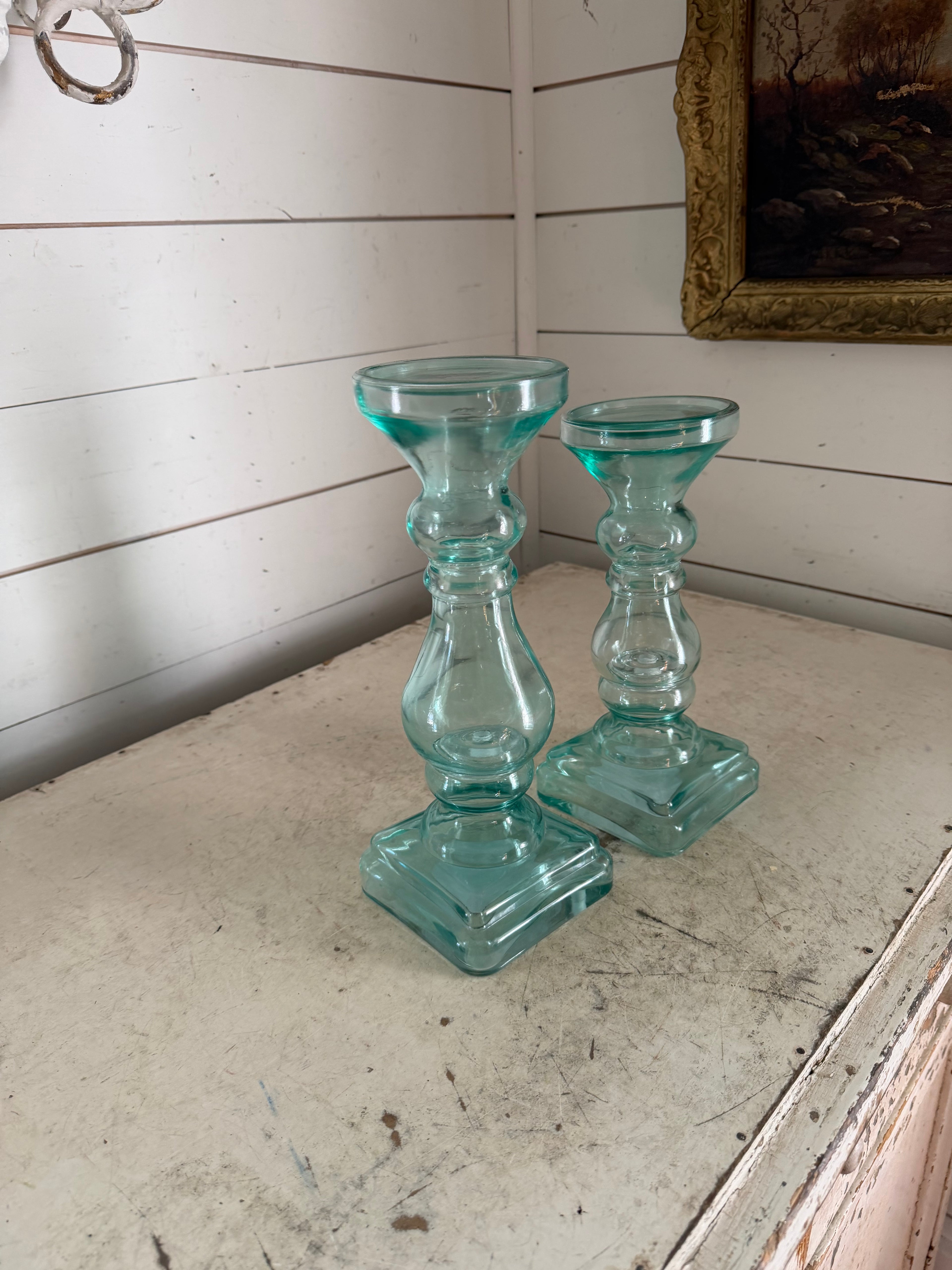 Vintage Glass Blue Green Candlestick Set