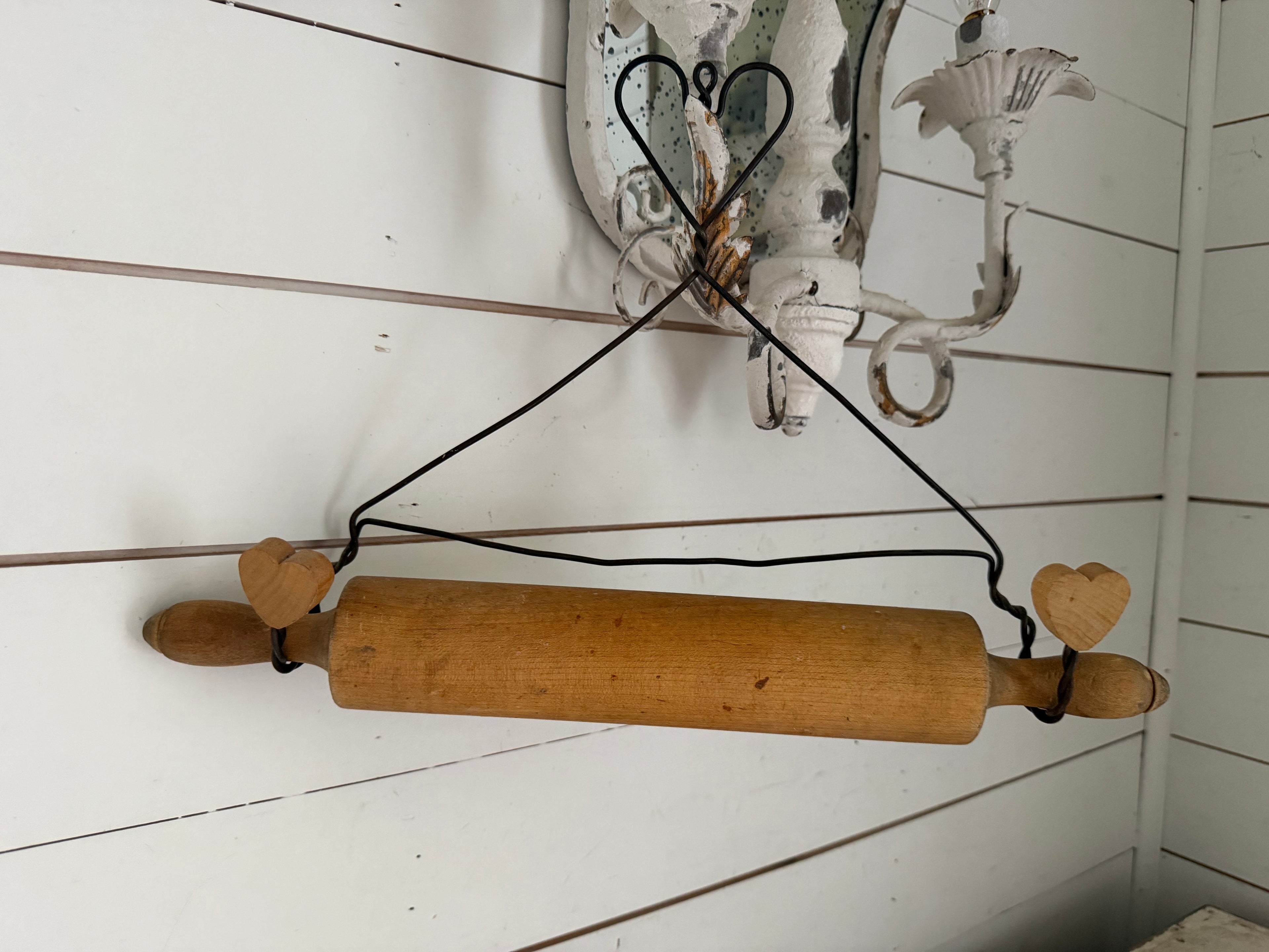Primitive Wood Rolling Pin & Vintage Twisted Wire Hanger Holder Heart